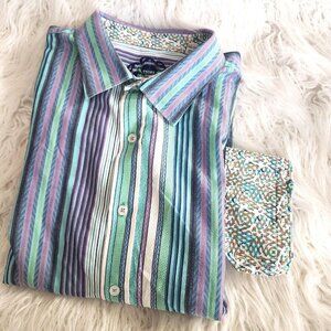 Robert Graham Flip Cuff Shirt Men's Size 1XLT Striped Purple Green Classic‎ Fit